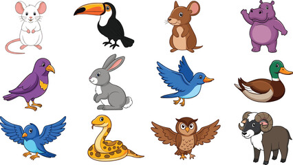 Fototapeta premium Cartoon wildlife animals and birds collection with mouse, toucan, rabbit, hippo, duck, owl and snake colorful vector illustration set