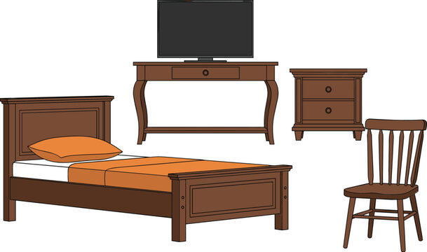 Bedroom furniture collection with wooden bed, chair, bedside table and TV stand interior home cartoon vector illustration set