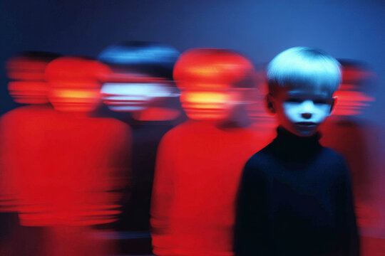 A fast-moving digitally native child in a glowing red AI-integrated living space, blurred motion suggesting speed, technological fluency, and the dynamic nature of the next generation