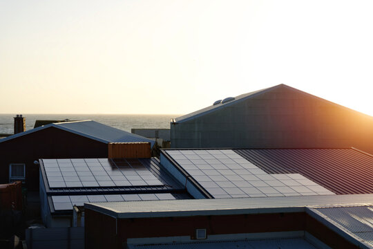 Industrial Rooftop Solar Panels Generating Renewable Energy Near the Sea at Sunset