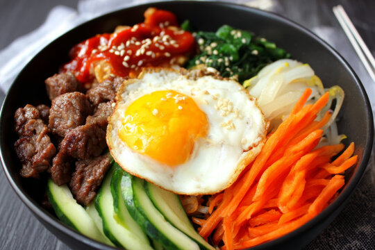 A vibrant food photo of Korean national dishes including grilled meat (bulgogi), bibimbap, kimbap, tteokbokki, and an assortment of banchan like kimchi and jorim.