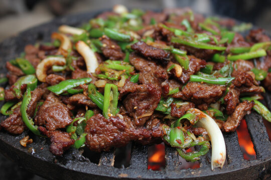 A vibrant food photo of Korean national dishes including grilled meat (bulgogi), bibimbap, kimbap, tteokbokki, and an assortment of banchan like kimchi and jorim.