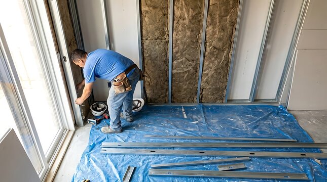 Professional Construction Worker Installing Mineral Wool Insulation in Metal Stud Wall Frame for Energy Efficient Home Renovation Project