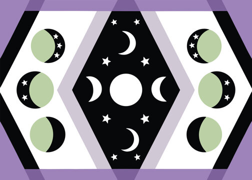 A central black diamond containing white moon phases and stars is flanked by vertical rows of green moon phases on a white background with purple border accents.