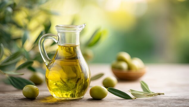 Golden extra virgin olive oil in a glass carafe served with fresh green olives and leaves on a rustic wooden table.