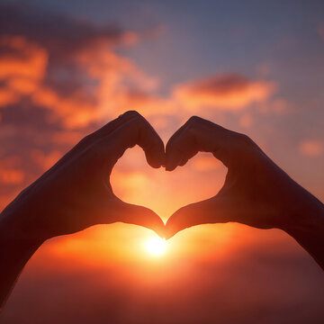 Heart Shape Hands at Sunset &ndash; Love Concept, Warm Sky Background 