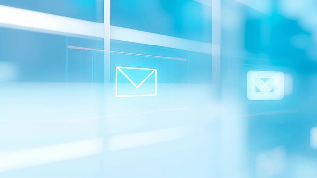 Multiple email envelope icons floating and moving across a bright blue digital interface. The abstract animation symbolizes online data transfer
