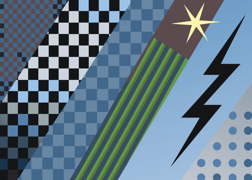A black lightning bolt and a yellow star overlap diagonal bands of checkered patterns and green stripes on a blue and grey background.