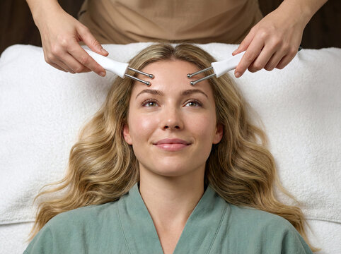 Smiling woman receiving a microcurrent facial firming treatment with dual probes at a spa