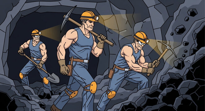 Cartoon Miners Working Hard in a Dark Cave.