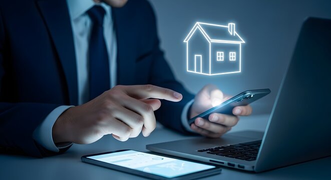 Digital real estate man interacting with a glowing house icon on a laptop