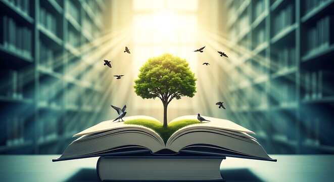 A tree grows out of an open book in a library with birds flying around