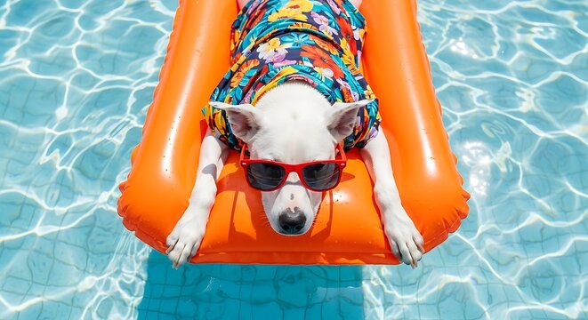 A dog wearing sunglasses and a hawaiian shirt on an orange pool float