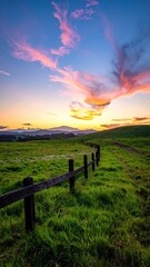 Fototapeta premium Scenic Sunset Over Rolling Green Hills with Wooden Fence