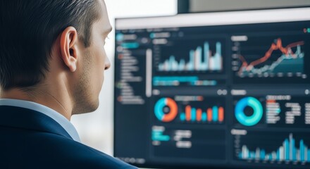 Businessman analyzing data, financial charts and graphs on computer screen, office workspace, professional stock market analysis, blue and orange dashboard
