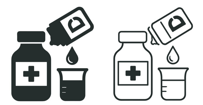medicine bottle with liquid drop and measuring cup icon, pharmacy dosage and treatment symbol isolated on transparent background