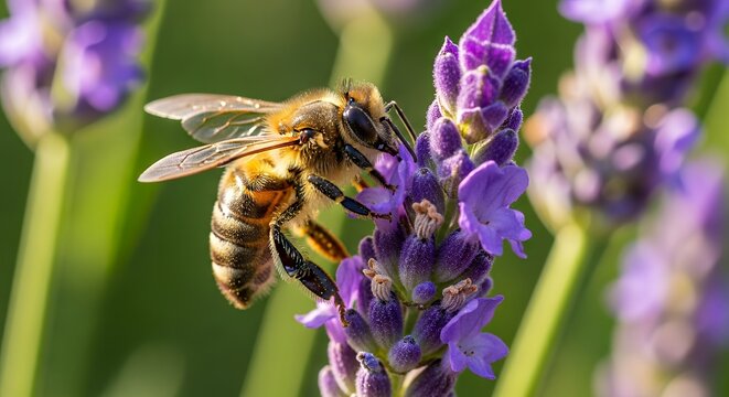 Honey bee collecting nectar on purple lavender flowers, macro shot of honeybee pollinating lavender blossoms, summer garden nature scene