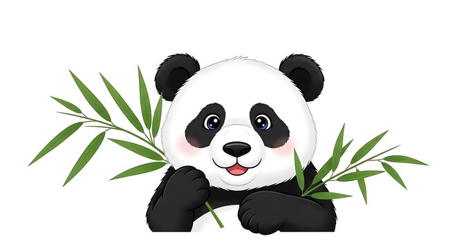 Cute panda bear with bamboo leaves.