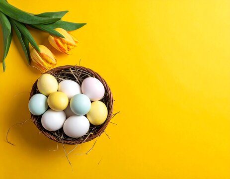 Easter eggs in nest with tulips on bright yellow background