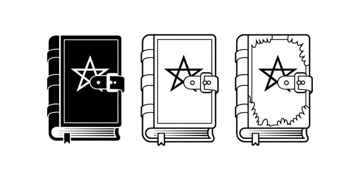 Three stylized books with pentagram symbols and clasps on white background pentacle star