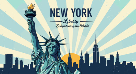 Vintage illustration of the Statue of Liberty with the New York City skyline and a sunburst sky, featuring text 'NEW YORK Liberty Enlightening the World'. © blu