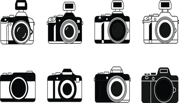 Professional Digital SLR Camera Icon Set Featuring Various Mirrorless and DSLR Photography Equipment Symbols for Media Production, Photo Studios, and Creative Photographer Portfolios