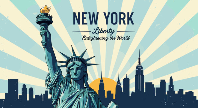 Vintage illustration of the Statue of Liberty with the New York City skyline and a sunburst sky, featuring text 'NEW YORK Liberty Enlightening the World'.
