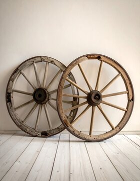 Two old, weathered wooden wagon wheels lean against a white wall on aged wood flooring