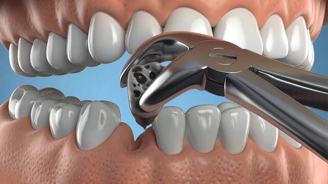 Dental forceps extracting a severely decayed molar from a human jaw in a professional medical animation for healthcare education.