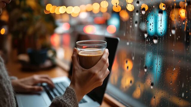 Hands wrapped around a double walled glass coffee cup next to an open laptop at a rain streaked window seat in a bright cozy cafe defocused blurred raindrops and neon reflections