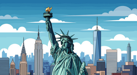 Iconic view of the Statue of Liberty with the New York City skyline, featuring famous skyscrapers like the Empire State Building and One World Trade Center under a clear blue sky. © blu