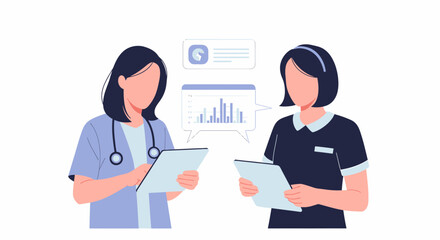 Fototapeta premium Female Doctor and Nurse Discussing Patient Data on Tablets.