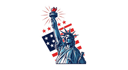 The Statue of Liberty, a symbol of freedom and democracy, stands proudly against a backdrop of the American flag. © blu
