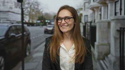 Obraz premium Young woman smiles broadly with open mouth beside parked cars on city street; joy optimism confidence.