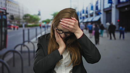 Fototapeta premium Young caucasian woman with long brown hair and glasses wearing black blazer holds hand to forehead on city street; surprise.