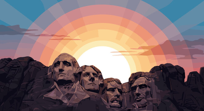 Majestic sunrise illuminates the iconic Mount Rushmore National Memorial, showcasing the sculpted faces of four U.S. presidents against a vibrant sky.