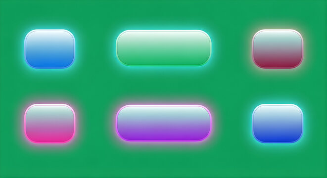 modern gradient UI button set with rounded corners, hover state glow effect, isolated on solid green screen background 