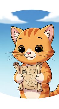 Cartoon cat holding ancient scroll map.