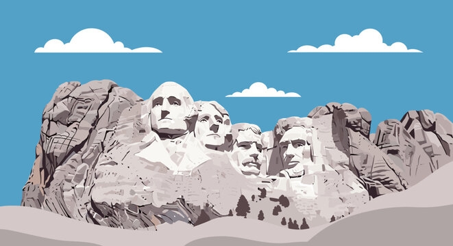 Majestic Mount Rushmore National Memorial featuring the sculpted faces of four U.S. presidents against a bright blue sky with fluffy clouds.