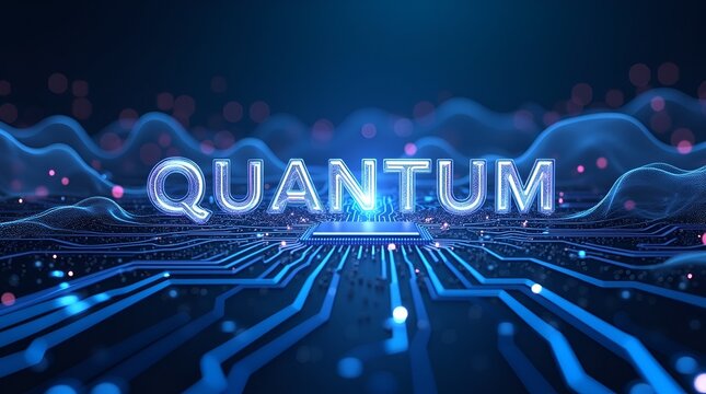 Quantum processor emitting wave-like energy through a futuristic blue circuit board, glowing nodes