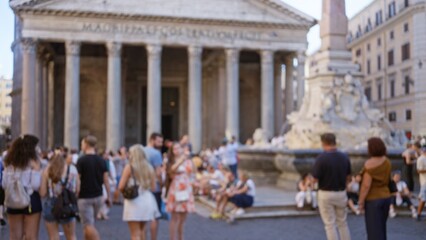 Crowded historic scene in soft defocused bokeh with classical columns and fountain, plaza  background backdrop copyspace. © Krakenimages.com