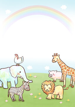 Preschool Admission Guidebook Cover: Diverse Animal Friends on a Hill for School Prospectus and Educational Handbook.