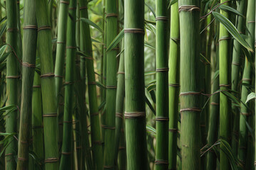 Obraz premium Bamboo plants grow close together in a green forest area during daytime with sunlight filtering through the leaves