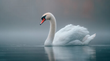 Fototapeta premium Swan swimming in calm water during morning fog with soft light