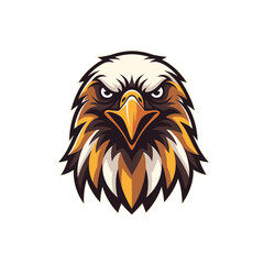 Fototapeta premium Stylized fierce eagle head mascot logo design with strong expression and sharp features in brown, white, and gold colors.