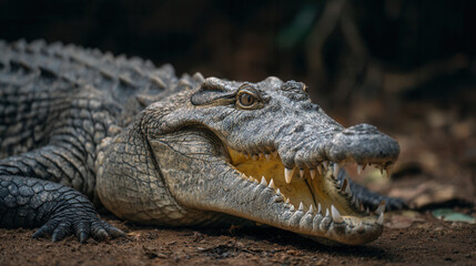 Fototapeta premium Crocodile resting on land in a forest under natural light during daytime