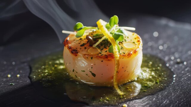 Seared sea scallop garnished with microgreens and lemon zest steaming on a dark plate for high-end restaurant menu