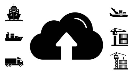 Naklejka premium Large Upload Icon Surrounded by Black Silhouettes of Freight Ships, Cargo Trucks, and Port Cranes Representing Digital Supply Chain Management.