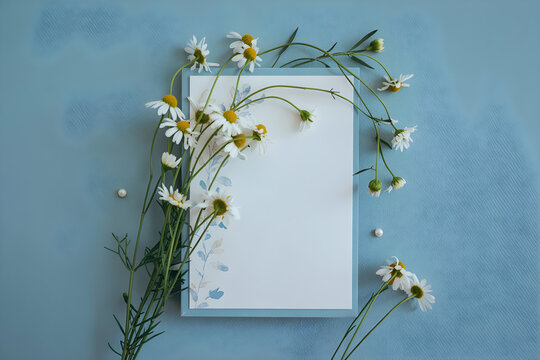 White paper card amidst chamomile flowers on a blue background serves as a template for greeting cards, wedding invitations, or designs related to spas and organic products. It features ample copy spa