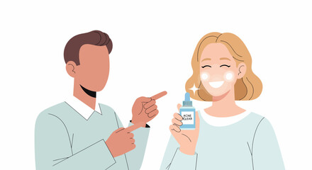 Fototapeta premium Man points at woman using teeth whitening product for bright smile.